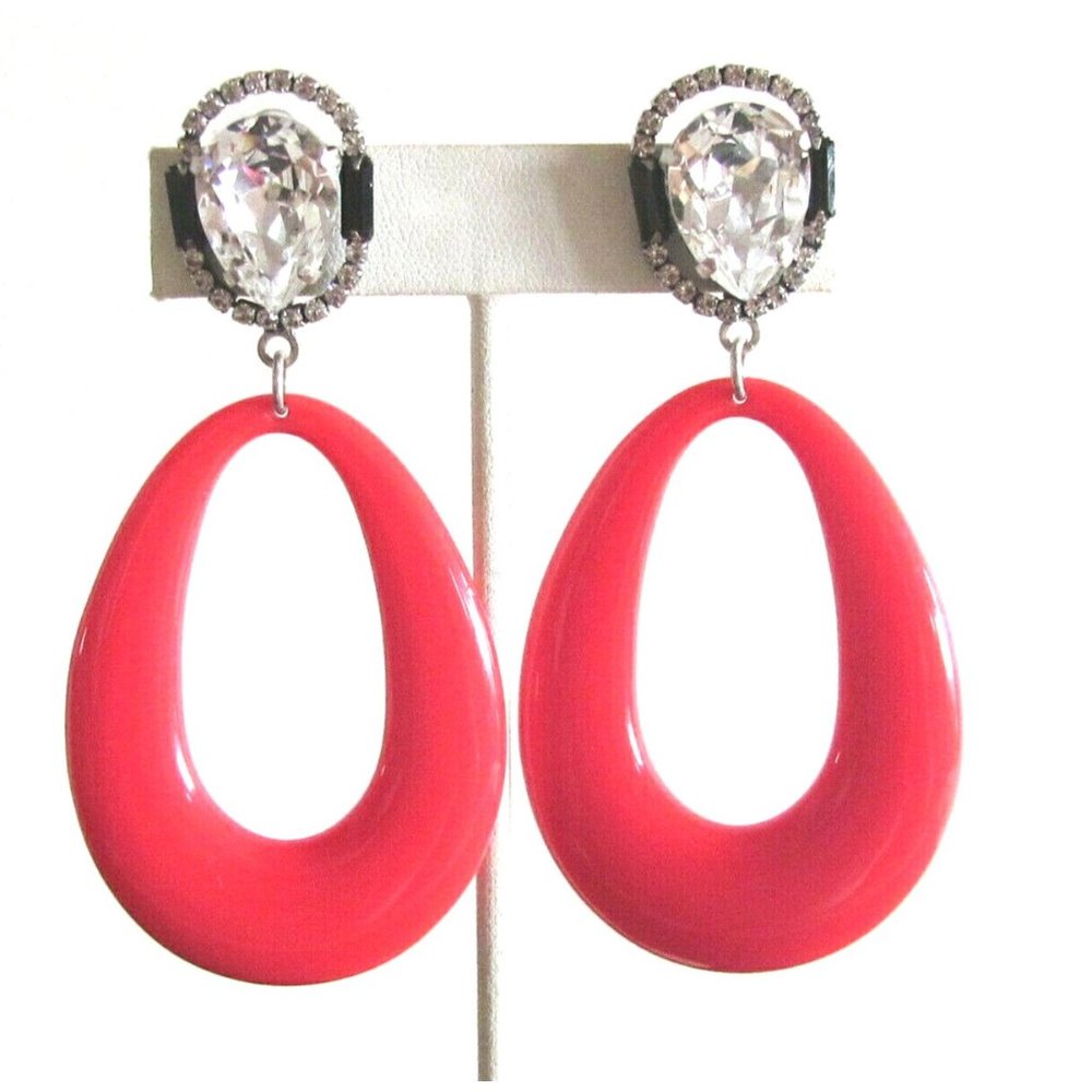 Dannijo Elvis Silver Plated Red Enamel Crystal Oval Designer Pierced Earring's - Picture 6 of 15